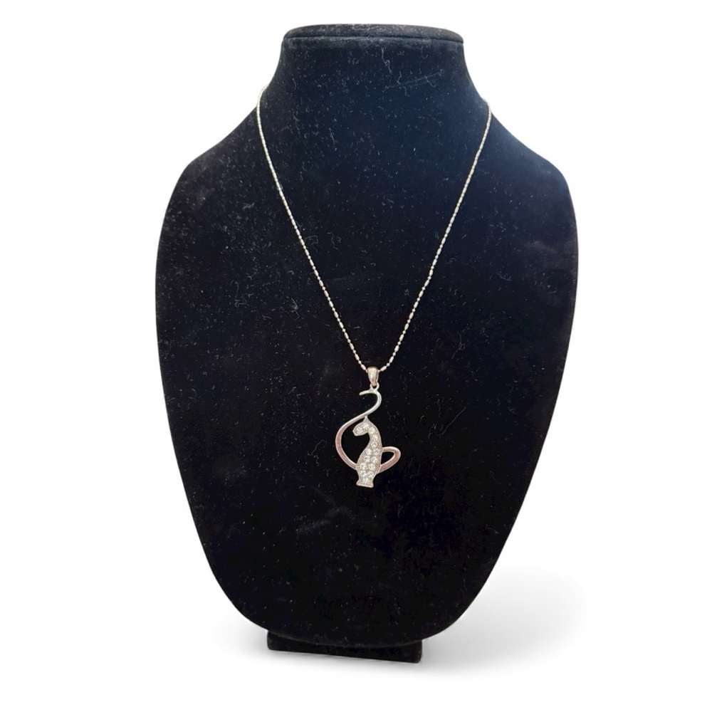 Elegant Silver Cat Pendant Necklace EUC
